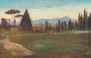 Fra den protestantiske kirkegard i Rom med Cestius pyramiden, i baggrunden bjerge.