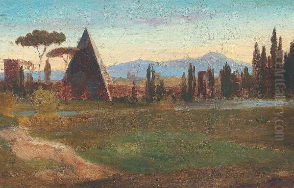 From the Protestant cemetary in Rome, with the pyramid of Cestius and mountains in the background. - view 1