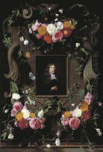 Flowergarlands on a sculpted cartouche with a portrait of a man Flowergarlands on a sculpted cartouche with a portrait of a man