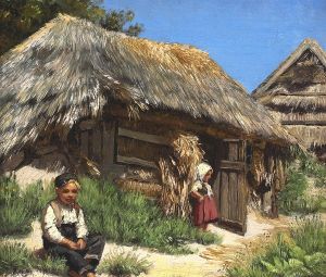 A thatched house. Summer day with warm blue skies. Arranged with a couple of children.