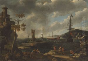 A coastal landscape with fishermen by Adrien Manglard