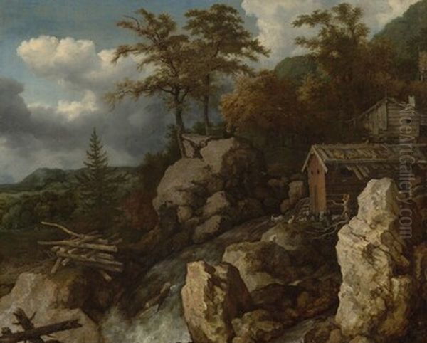 Waterfall with Log Cabins - view 1