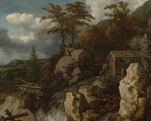 Waterfall with Log Cabins