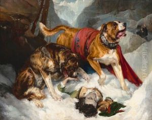 Alpine Mastiffs Reanimating a Distressed Traveler by Sir Edwin Henry Landseer