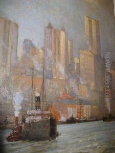 A Freighter Pulls Out, East River, NYC