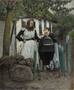 Uden for et bondehus. To kvinder med en barnevogn Uden for et bondehus. To kvinder med en barnevogn