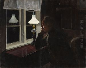 Alene. Interior ved lampelys med en mand siddende i tanker by Laurits Andersen Ring