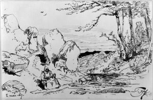 Sittande figur i ett landskap