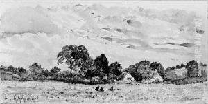 Landskap med vita stenhus by Henri Harpignies
