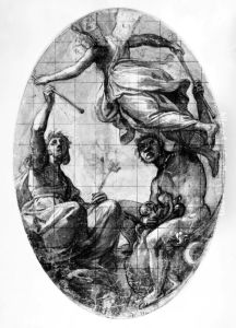 Study for an allegory with Fame, a female and a male figure with torches in their hands by Alessandro Tiarini