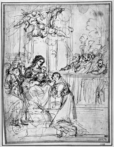 Enthroned Madonna and Child adored by St. Francis by Francesco Brizio