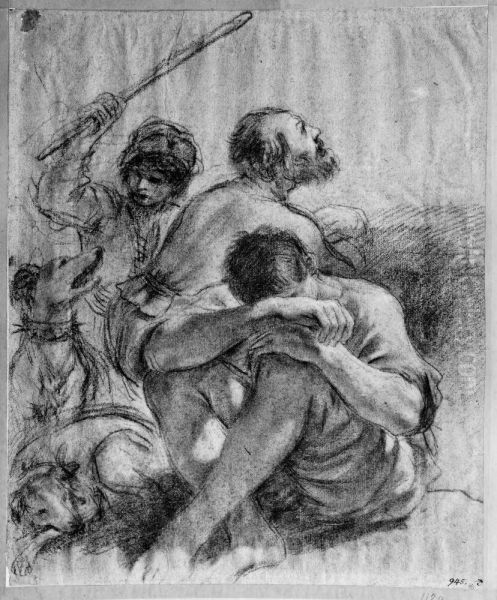 Study for a Composition with a Seated Man, a Bearded Man Looking Upwards, and a Boy with Two Dogs - view 1