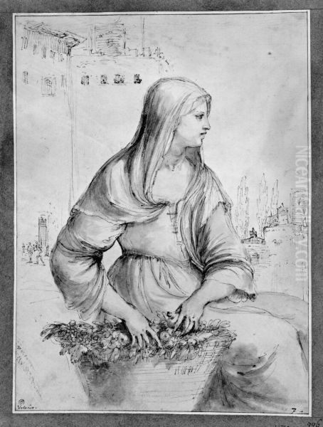 Seated woman with a fruit basket - view 1