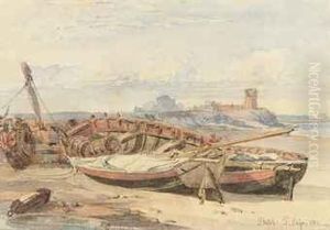 Le Hurel Tower, With Jersey Fishing Boats Lying On The Beach