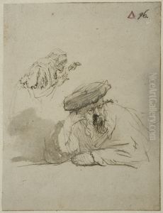 Byst av en gammal man, och en gammal kvinna som lutar sig framat by Rembrandt