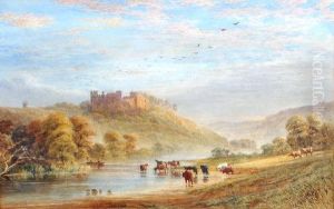 Ludlow Castle, Shropshire With Cattle Watering In The Foreground by Thomas Watt Cafe
