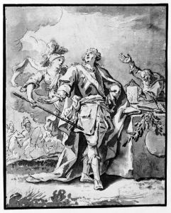 Faltherre omgiven av Minerva och filosofen Diogenes