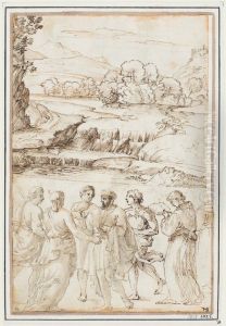 Landscape with Waterfall; Below: Six Figures