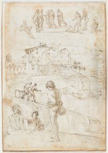 Composition with ten figures ; Middle: Townscape ; Bottom: Figures on and around a bridge