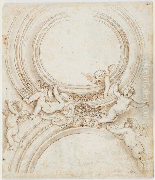 Ceiling. Roundel open to sky with five putti - view 1