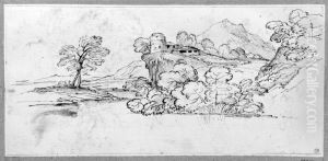 Landscape with small fortress on hill by Giovanni Francesco Grimaldi