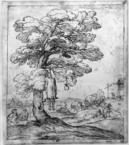 Landscape with Mount Calvary and Judas hung from a tree in the foreground by Giovanni Francesco Grimaldi