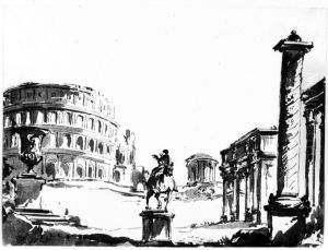 Ruinlandskap med Colosseum, ryttarstaty och Trajanuskolonnen, ca 1756 by Jean Eric Rehn
