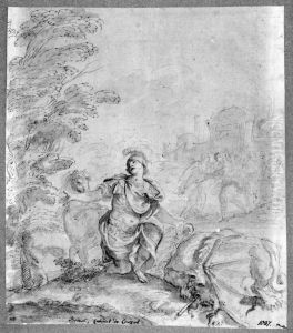 St. George giving thanks following his victorious slaying of the dragon. In the background, the princess embraces her father by Domenico Maria Canuti