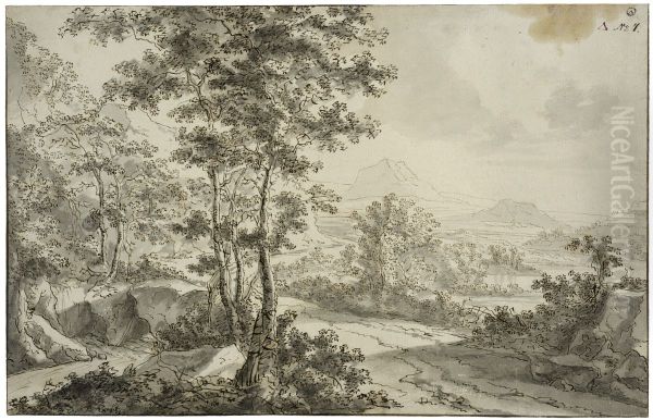 Italienskt landskap med en vag som vindlar fram langs en bergssida - view 1