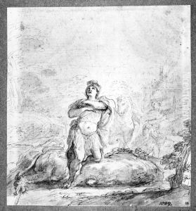 St. George kneeling by the slain dragon. The princess running away in the background by Domenico Maria Canuti