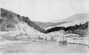 Norrlandskt landskap med skuta i en vik by Alfred Wahlberg