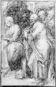 The Virgin and other figures to the right of an Adoration of the shepheards