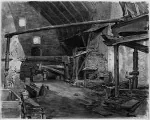 Interior av en stangjarnssmedja vid Forsmarksbruk by Josef Wilhelm Wallander