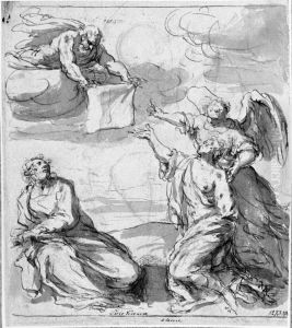 Two Saints, an Angel and a Figure Hovering in the Sky with a Piece of Cloth that He Is Holding Out to the Female Saint by Antonio da Vassilacchi