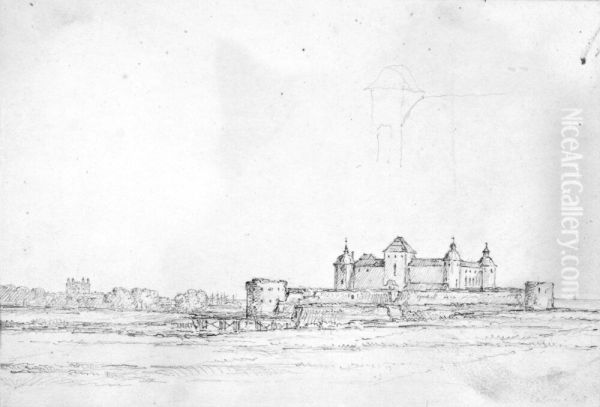 Skissbok. De tre forsta bladen Lacko slott, Kalmar slott, Kalmar kyrka, Helgerum, Stegeborg - view 1