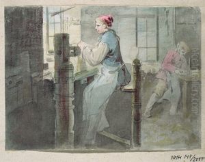 Snickarinterior med kvinna arbetande vid svarvstol by Johan Fredric Martin