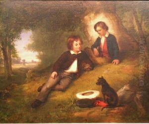 Two Young Boys In A Forest Clearing Examining A Bird's Nest by James Harvey Cafferty