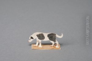 White dog with black spots, looking down [one of 36 figures]