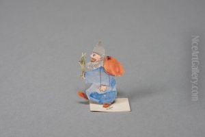 Santa Claus figure with blue clothes, grey cap and brown sack [one of 36 figures] by Ivar Arosenius