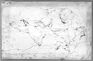 Fallen Man Mourned by a Man in a Wind-blown Cloak by Luca Cambiaso