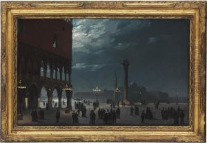 A View Of The Piazzetta By Moonlight, Venice by Ippolito Caffi