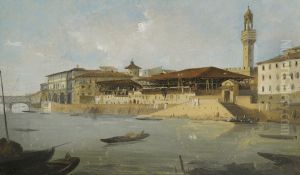 Florence, A View Of The Arno With The Tiratoio Delle Grazie by Ippolito Caffi