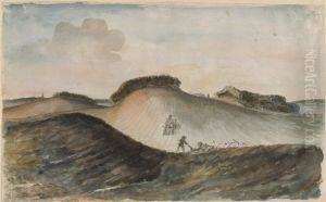 Backiga akrar med plojande bonder i trakten av Tosterup by Carl August Ehrensvard
