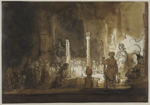 Tempelscen: Troende infor oversteprasten by Salomon Koninck