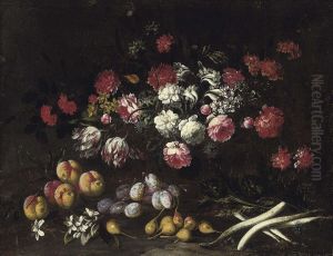 Roses, Tulips And Other Flowers, With Peaches, Plums, Figs, Artichokes And Asparagus by Margherita Caffi