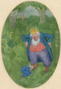 En karlekssaga. Serie om fyra bilder. 3, Prinsessan krymper infor kungens vrede by Ivar Arosenius
