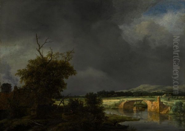 Landscape with a cottage and stone bridge under a cloudy sky - view 1