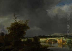 Landscape with a cottage and stone bridge under a cloudy sky by Jacob Van Ruisdael