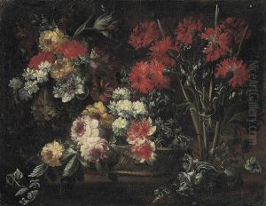 Roses, Chrysanthemums And Other Flowers In A Wicker Basket,Carnations, Roses, Narcissi And Other Flowers On A StoneLedge by Margherita Caffi