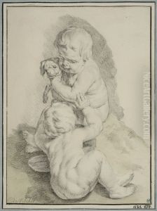 Putti leker med en hundvalp by Cornelis Ii Visscher